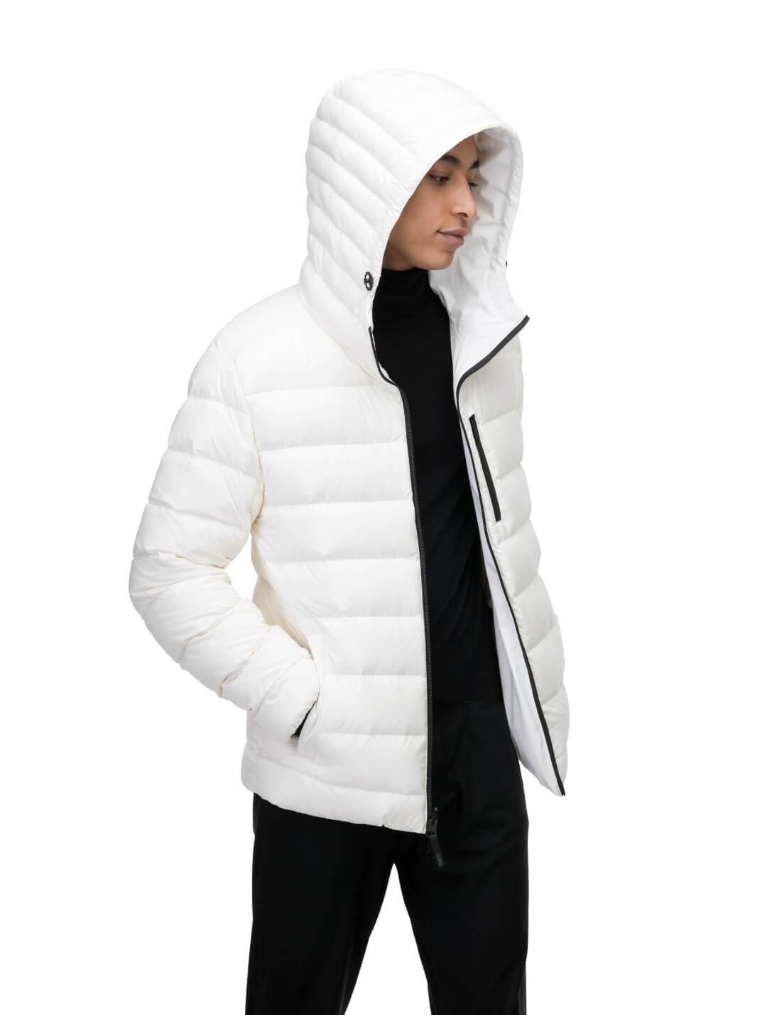 Chris Men's Mid Weight Reversible Puffer Jacket in hip length, Canadian duck down insulation, non-removable adjustable hood, ribbed cuffs, and quilted body on reversible side, in Chalk