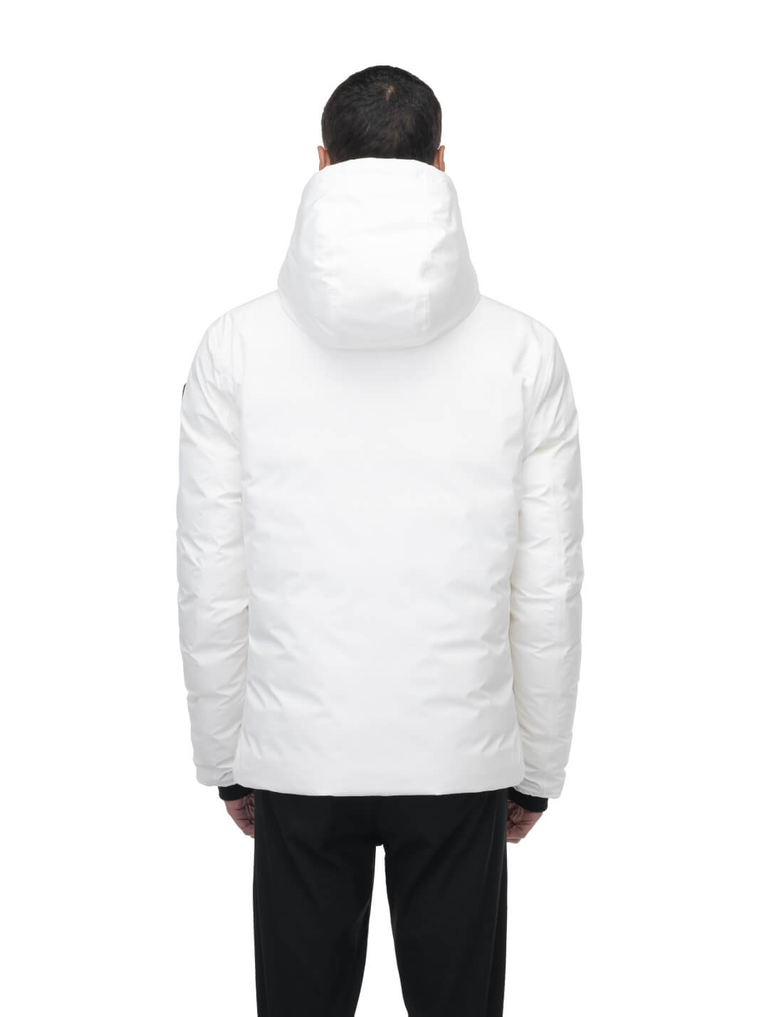 Chris Men's Mid Weight Reversible Puffer Jacket in hip length, Canadian duck down insulation, non-removable adjustable hood, ribbed cuffs, and quilted body on reversible side, in Chalk