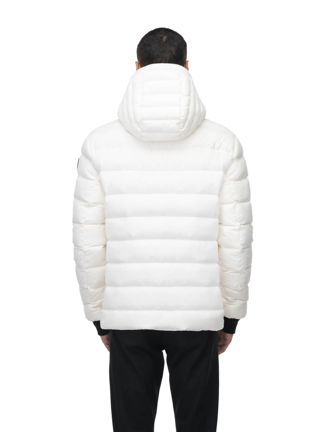 Chris Men's Mid Weight Reversible Puffer Jacket in hip length, Canadian duck down insulation, non-removable adjustable hood, ribbed cuffs, and quilted body on reversible side, in Chalk