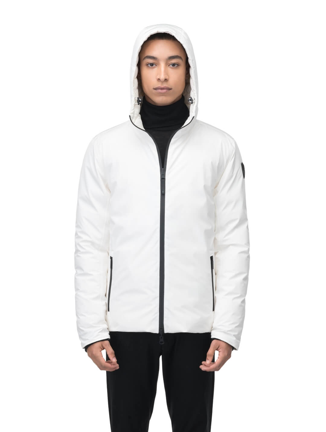 Chris Men's Mid Weight Reversible Puffer Jacket in hip length, Canadian duck down insulation, non-removable adjustable hood, ribbed cuffs, and quilted body on reversible side, in Chalk