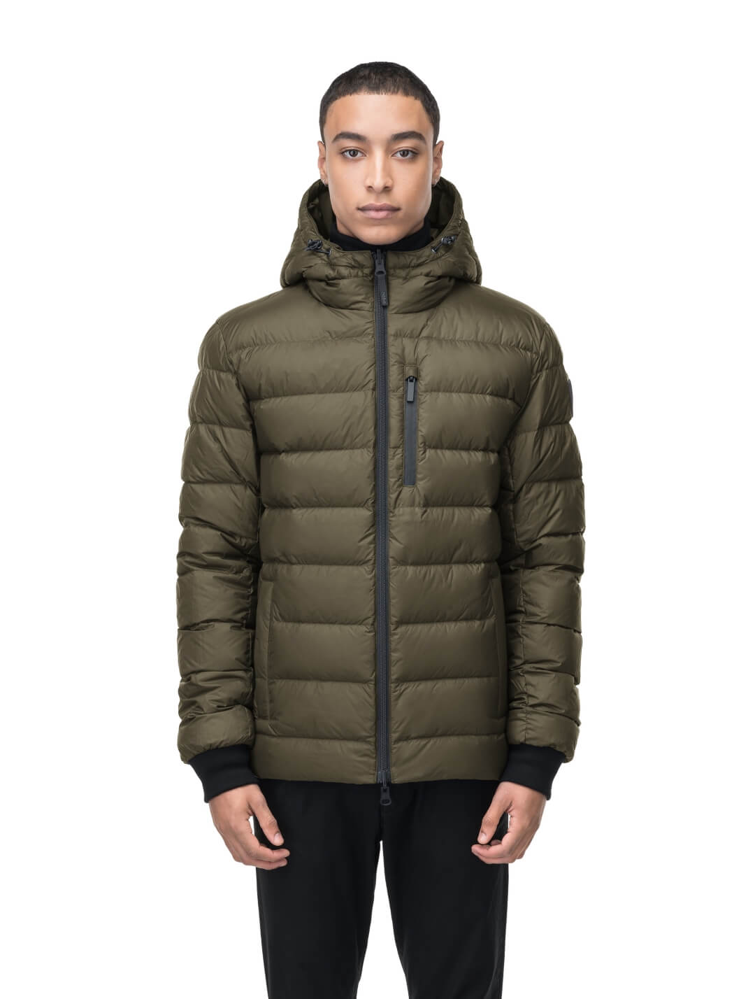 Chris Men's Mid Weight Reversible Puffer Jacket in hip length, Canadian duck down insulation, non-removable adjustable hood, ribbed cuffs, and quilted body on reversible side, in Fatigue