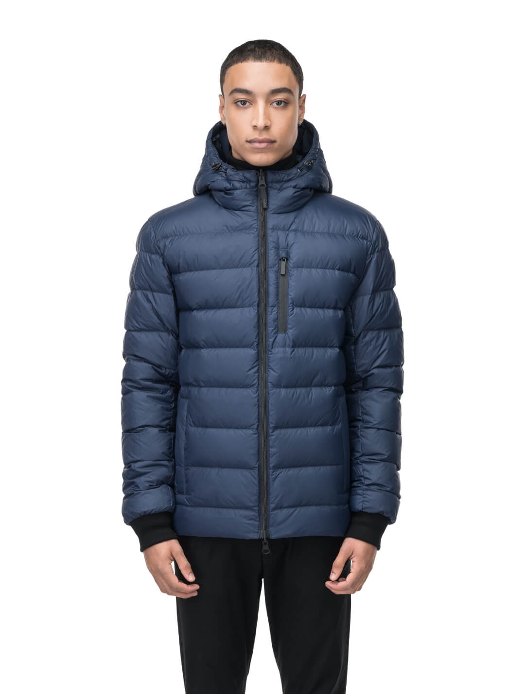 Chris Men's Mid Weight Reversible Puffer Jacket in hip length, Canadian duck down insulation, non-removable adjustable hood, ribbed cuffs, and quilted body on reversible side, in Marine