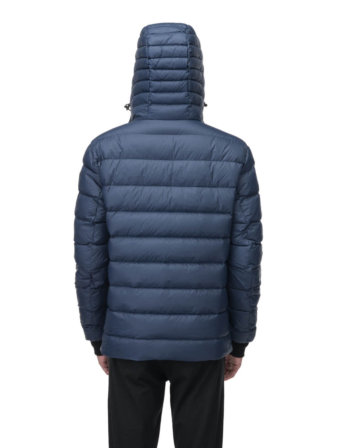 Chris Men's Mid Weight Reversible Puffer Jacket in hip length, Canadian duck down insulation, non-removable adjustable hood, ribbed cuffs, and quilted body on reversible side, in Marine