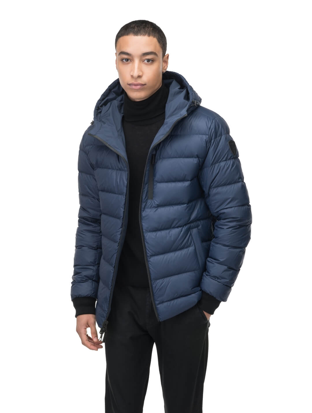 Chris Men's Mid Weight Reversible Puffer Jacket in hip length, Canadian duck down insulation, non-removable adjustable hood, ribbed cuffs, and quilted body on reversible side, in Marine