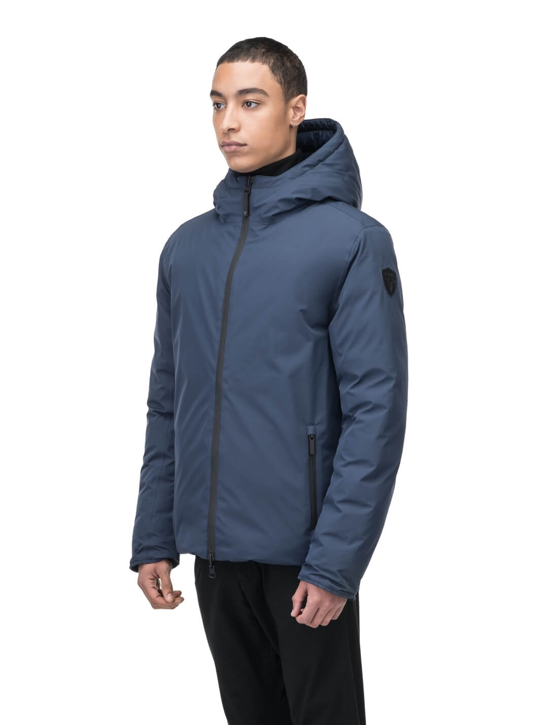 Chris Men's Mid Weight Reversible Puffer Jacket in hip length, Canadian duck down insulation, non-removable adjustable hood, ribbed cuffs, and quilted body on reversible side, in Marine