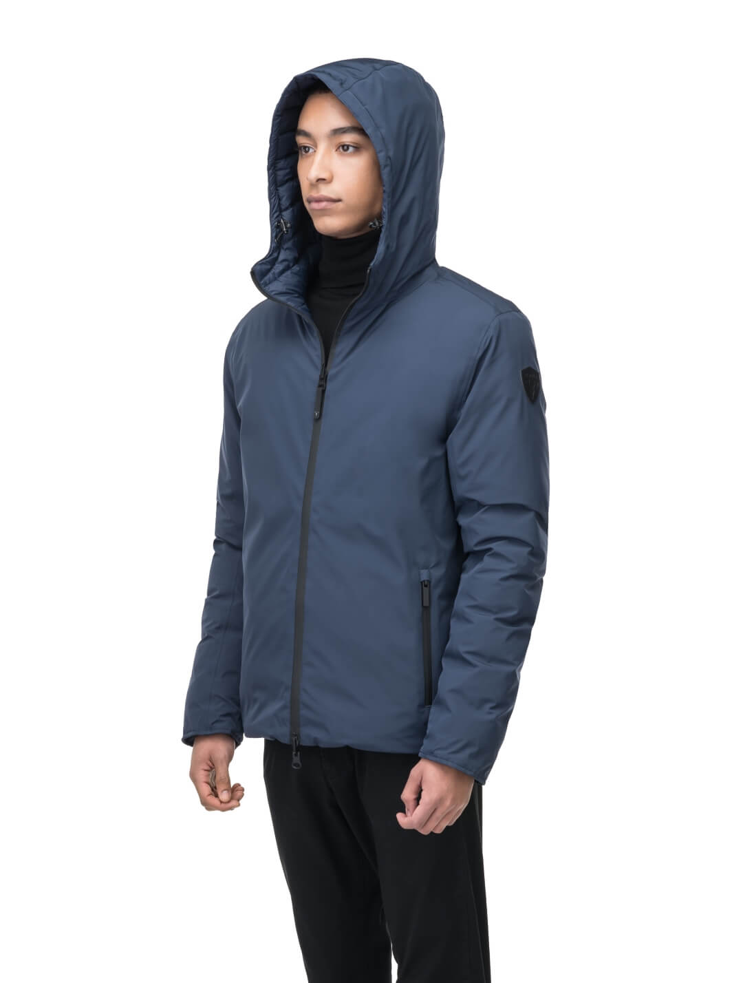 Chris Men's Mid Weight Reversible Puffer Jacket in hip length, Canadian duck down insulation, non-removable adjustable hood, ribbed cuffs, and quilted body on reversible side, in Marine