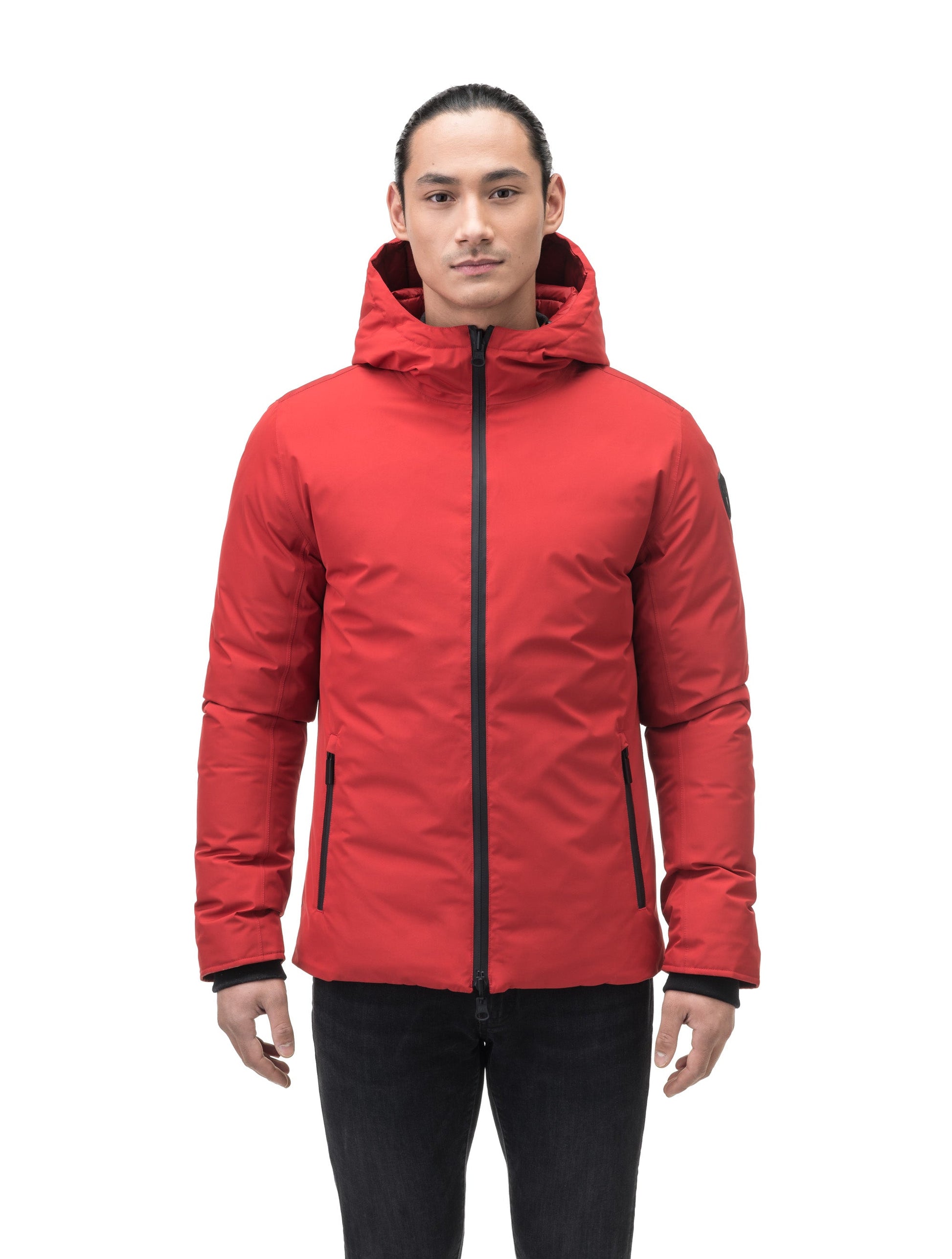 Chris Men's Mid Weight Reversible Puffer Jacket in hip length, Canadian duck down insulation, non-removable adjustable hood, ribbed cuffs, and quilted body on reversible side, in Vermillion