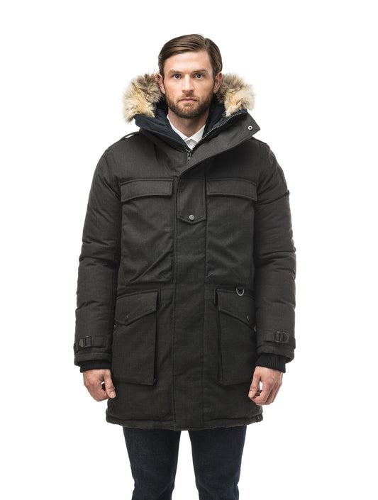 Men's extreme wamrth down filled parka with baffle box construction for even down distribution in H. Black + H. Black