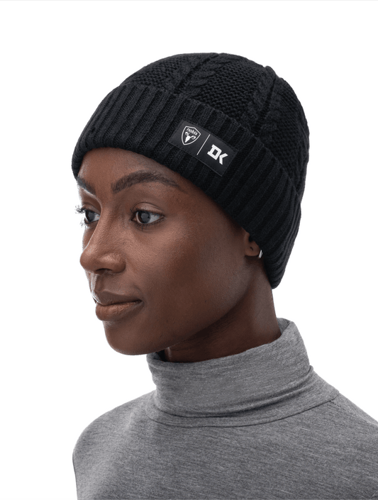 Duncan Keith x Nobis Unisex Cable Knit Beanie with cable stitched crown, two by two rib knit cuff, with co-branding label that features Keith's initials on cuff, in Black + Black