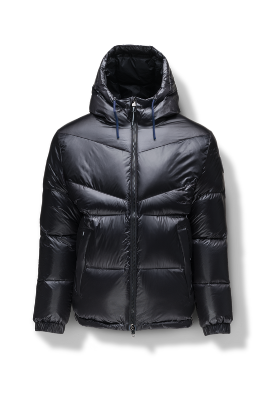 Dyna Men's Chevron Quilted Puffer Jacket in hip length, premium cire technical nylon taffeta fabrication, Premium Canadian origin White Duck Down insulation, non-removable down-filled hood, two-way centre-front zipper, fleece-lined zipper pockets at waist, pit zipper vents, in Black + Black
