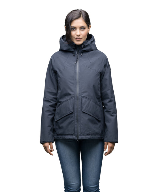 Women's hooded rain jacket with high low hem in Navy + Navy