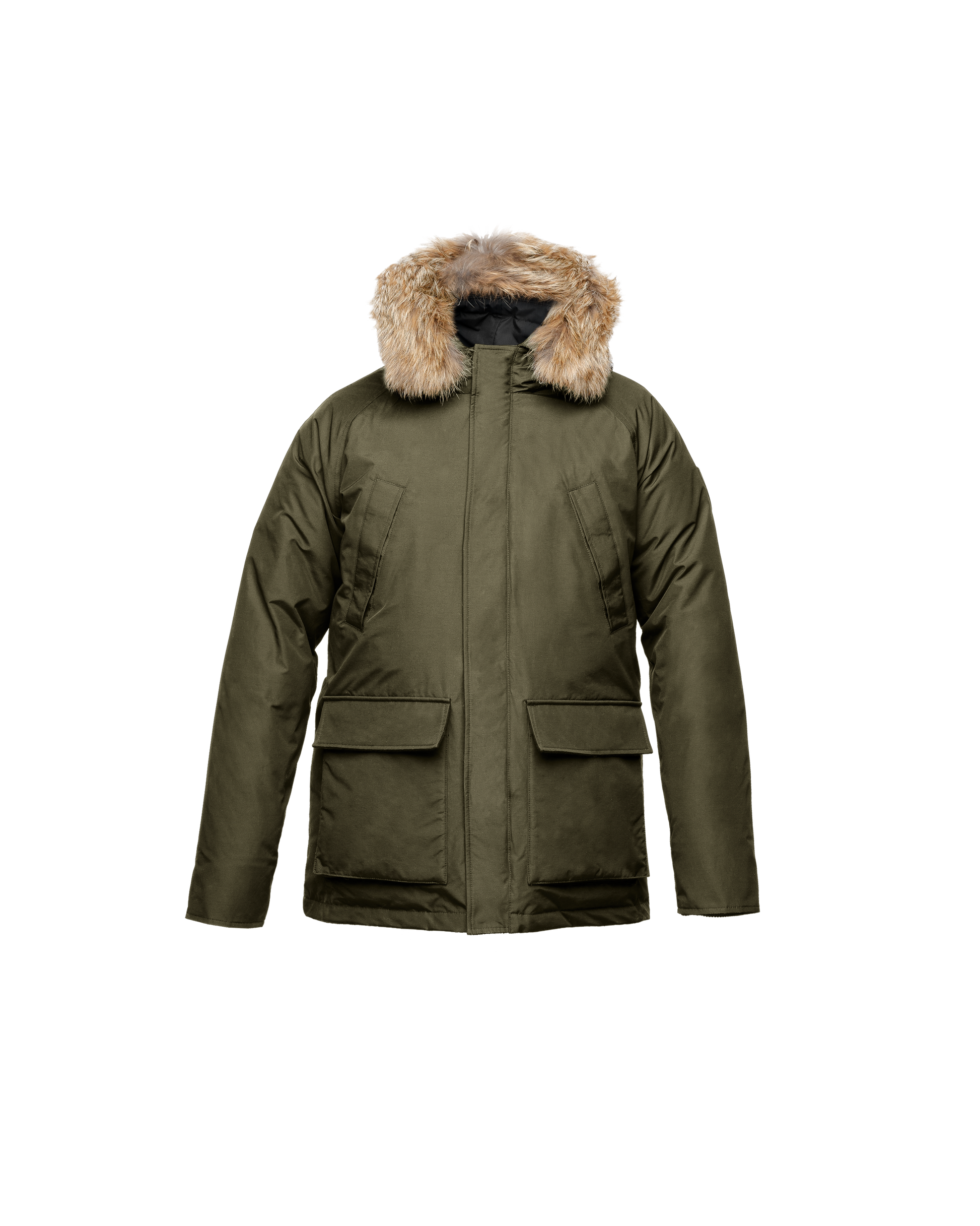 Men's waist length down filled jacket with two front pockets with magnetic closure and a removable fur trim on the hood in CH Fatigue