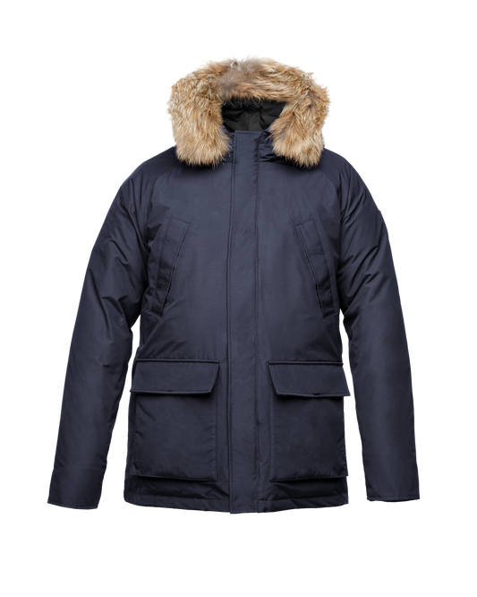 Men's waist length down filled jacket with two front pockets with magnetic closure and a removable fur trim on the hood in Navy