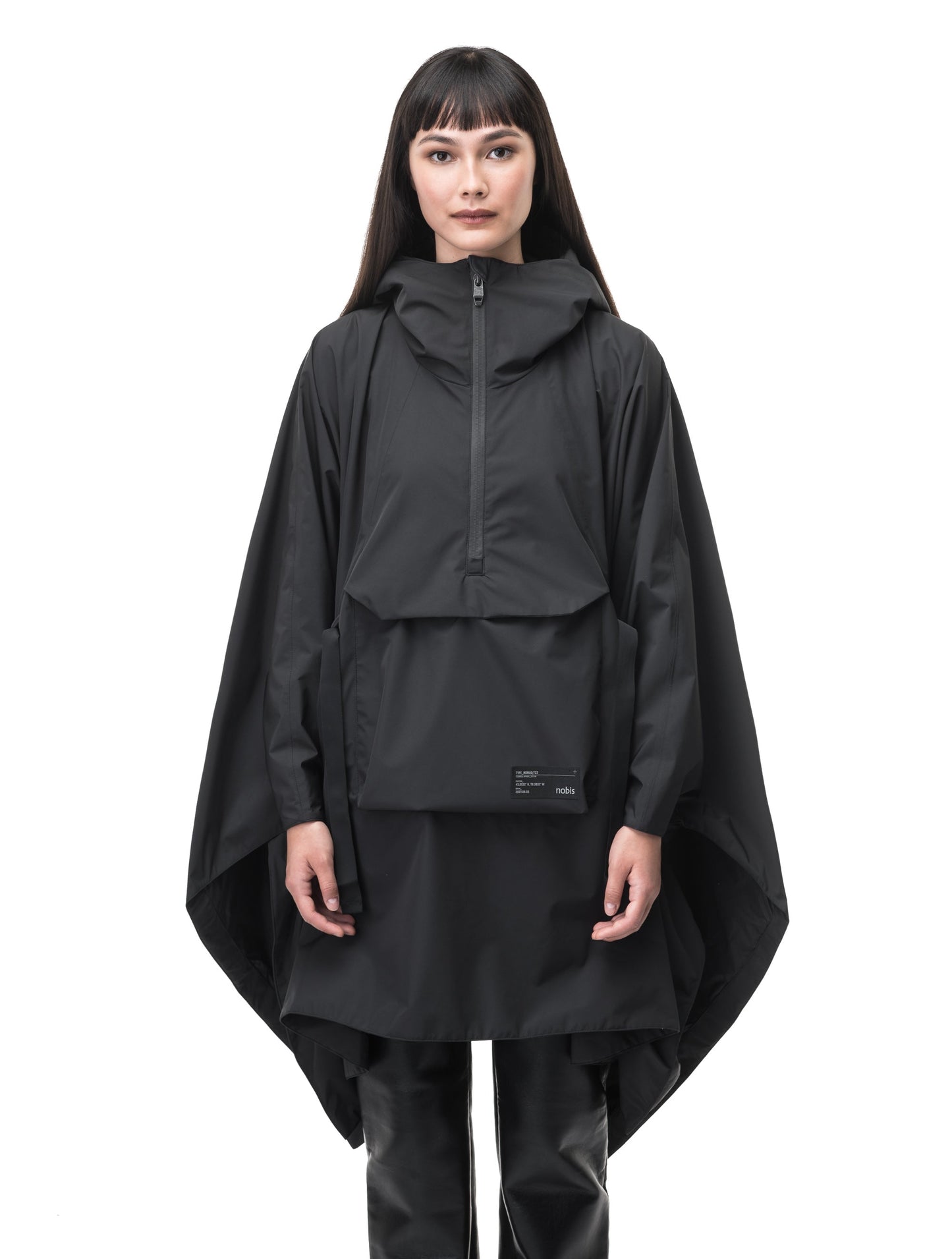 Hydra Unisex Performance Poncho in thigh length, non-removable hood, vertical half-zipper along centre front collar, hidden side-entry waist zipper pockets, adjustable webbing straps and snap closure cuffs, and packable to front kangaroo pocket with flap opening, in Black