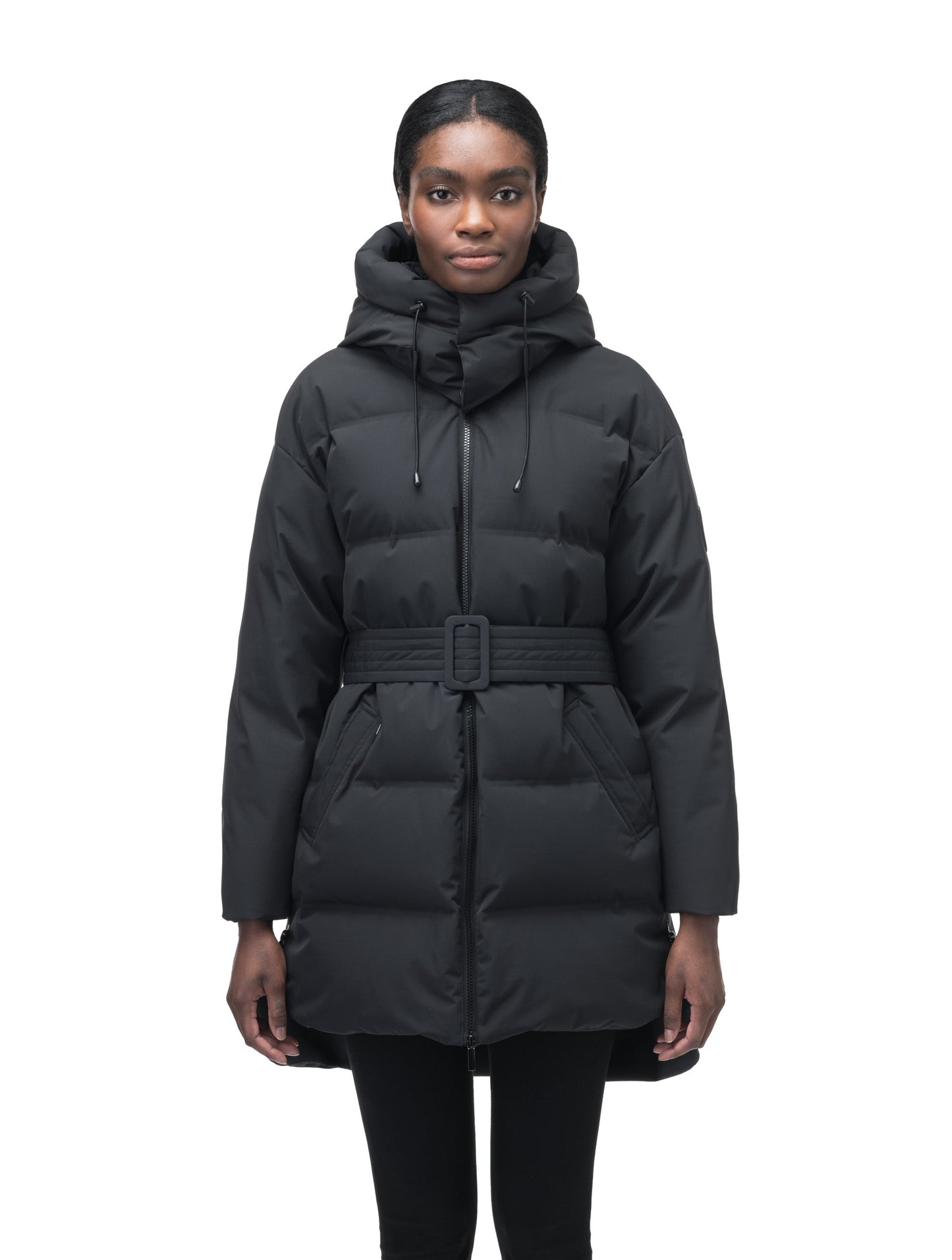 Women's thigh length down parka with removable hood and adjustable belt in Black