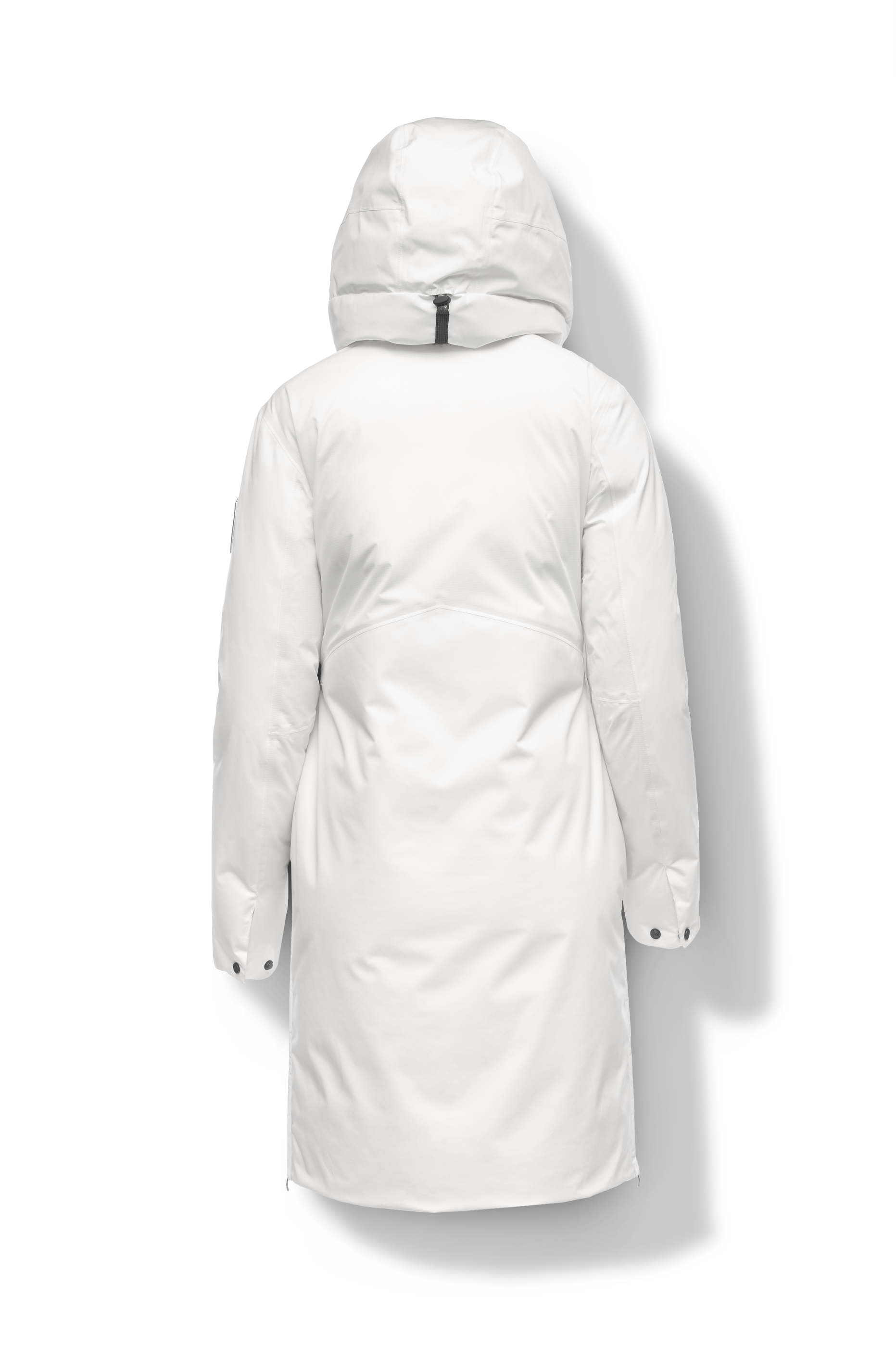 Inara Women's Performance Parka in knee length, premium 3-ply micro denier and stretch ripstop fabrication with DWR coating, Premium Canadian White Duck Down insulation, non-removable down-filled hood, centre front two-way zipper, large vertical zipper pockets along waist, zipper vents along bottom side hem, in Chalk