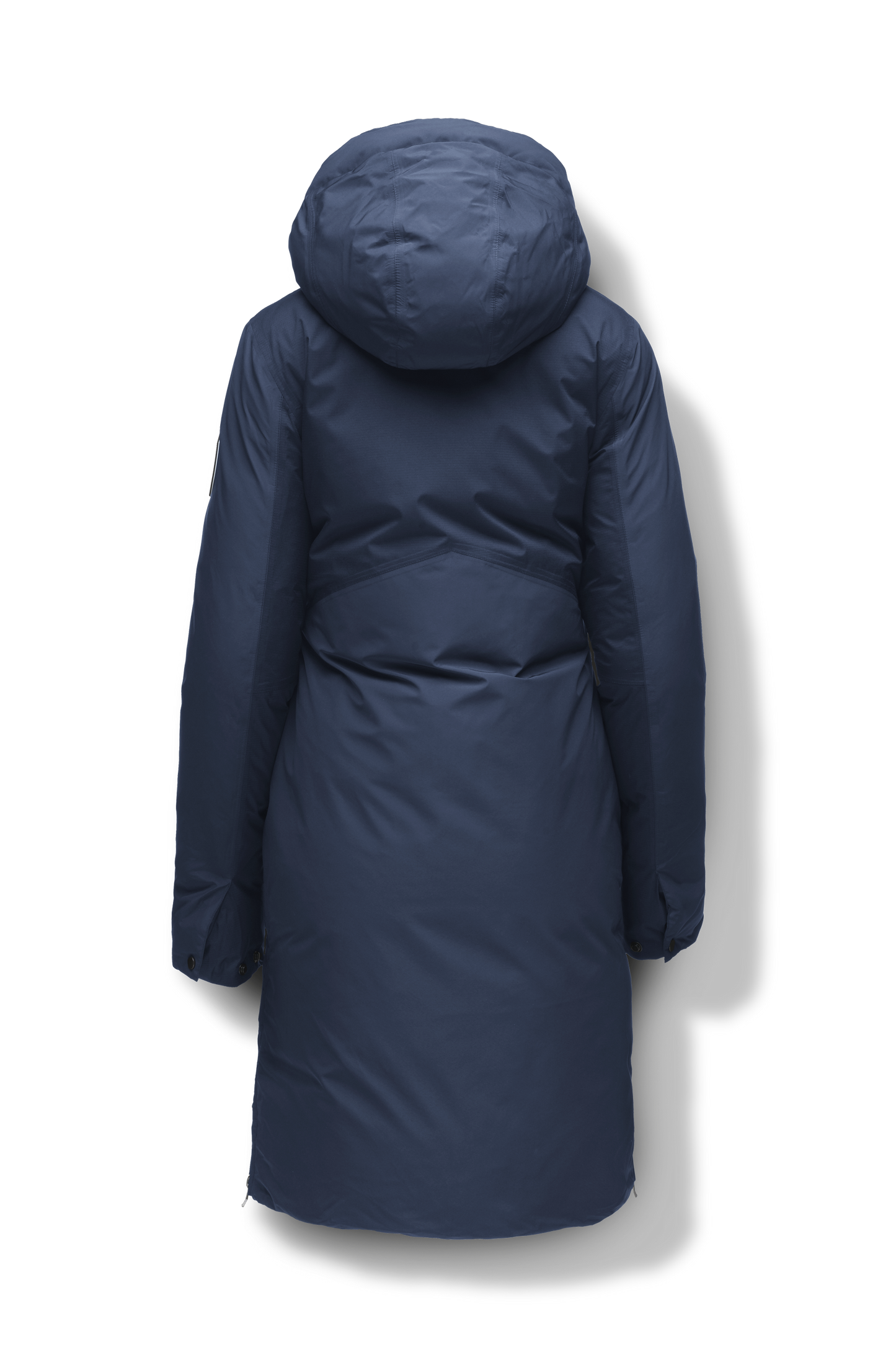 Inara Women's Performance Parka in knee length, premium 3-ply micro denier and stretch ripstop fabrication with DWR coating, Premium Canadian White Duck Down insulation, non-removable down-filled hood, centre front two-way zipper, large vertical zipper pockets along waist, zipper vents along bottom side hem, in Marine