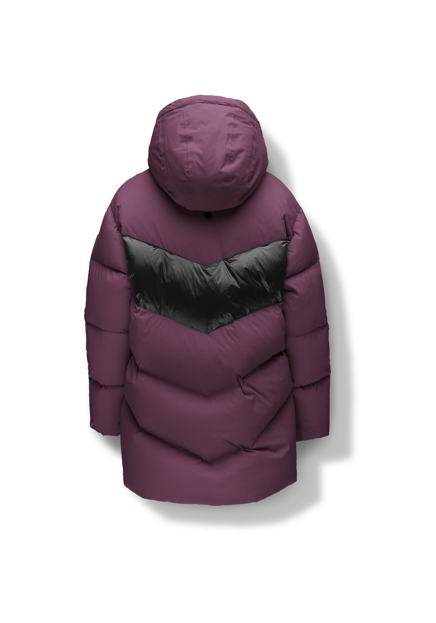 Isla Women's Chevron Quilted Puffer Jacket in thigh length, premium technical nylon taffeta fabrication, Premium Canadian origin White Duck Down insulation, non-removable down-filled hood, two-way centre-front zipper, zipper pockets at waist, contrast cire technical nylon taffeta detailing on chest and back, in Potent Purple
