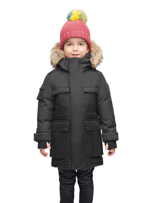 Kid's knee length parka with magnetized closure in CH Black + CH Black