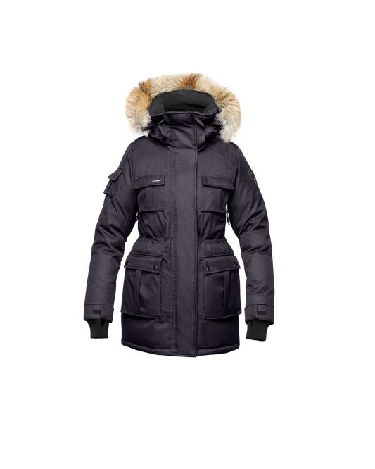 Kid's knee length parka with magnetized closure in CH Purple + CH Purple