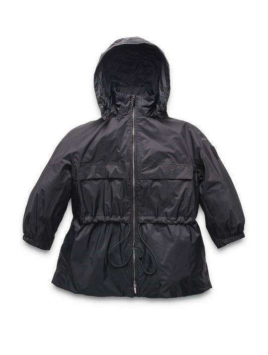 Women's waist length windbreaker with two chest pockets in Black + Black