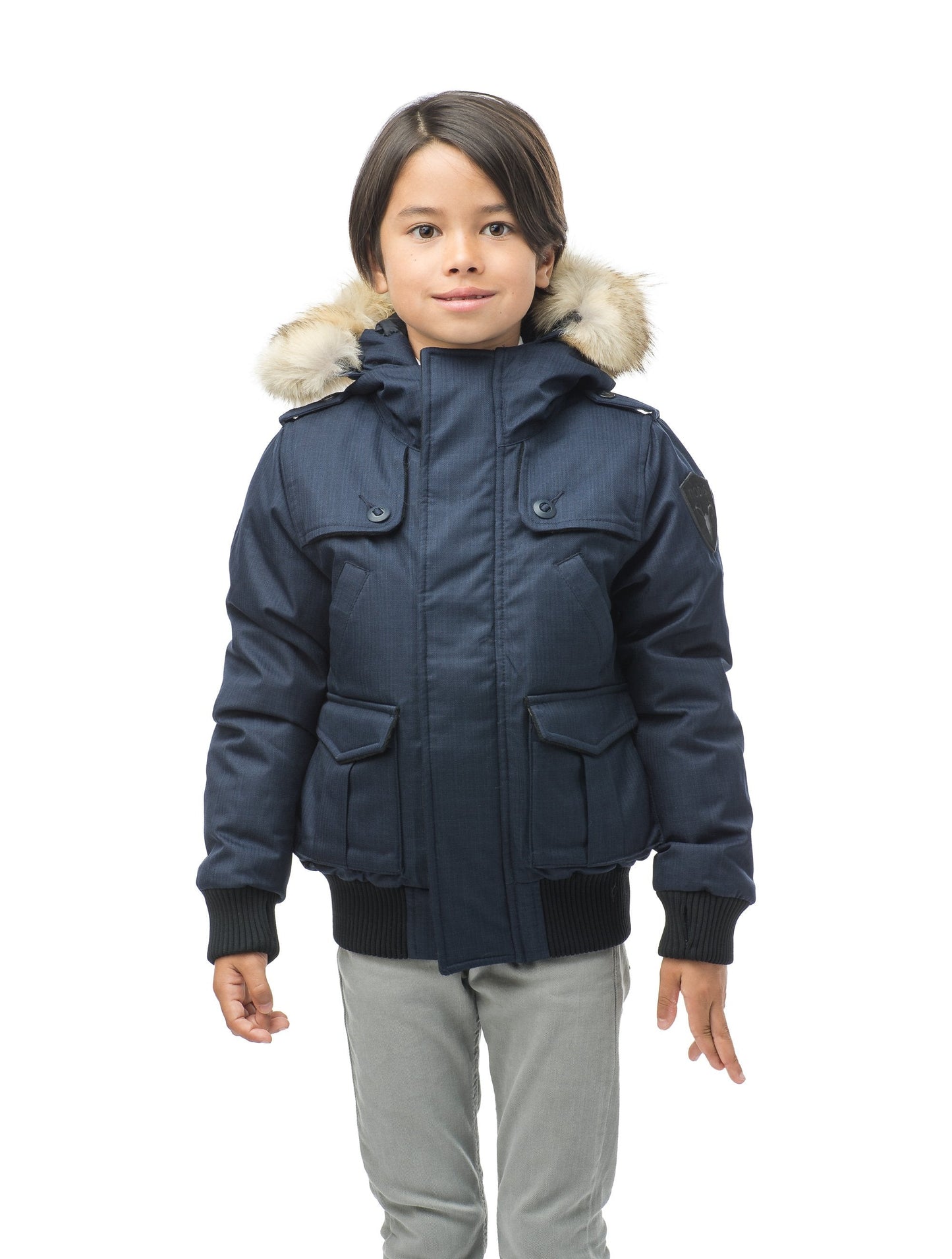 Kid's waist length down bomber jacket with fur trim hood in CH Navy
