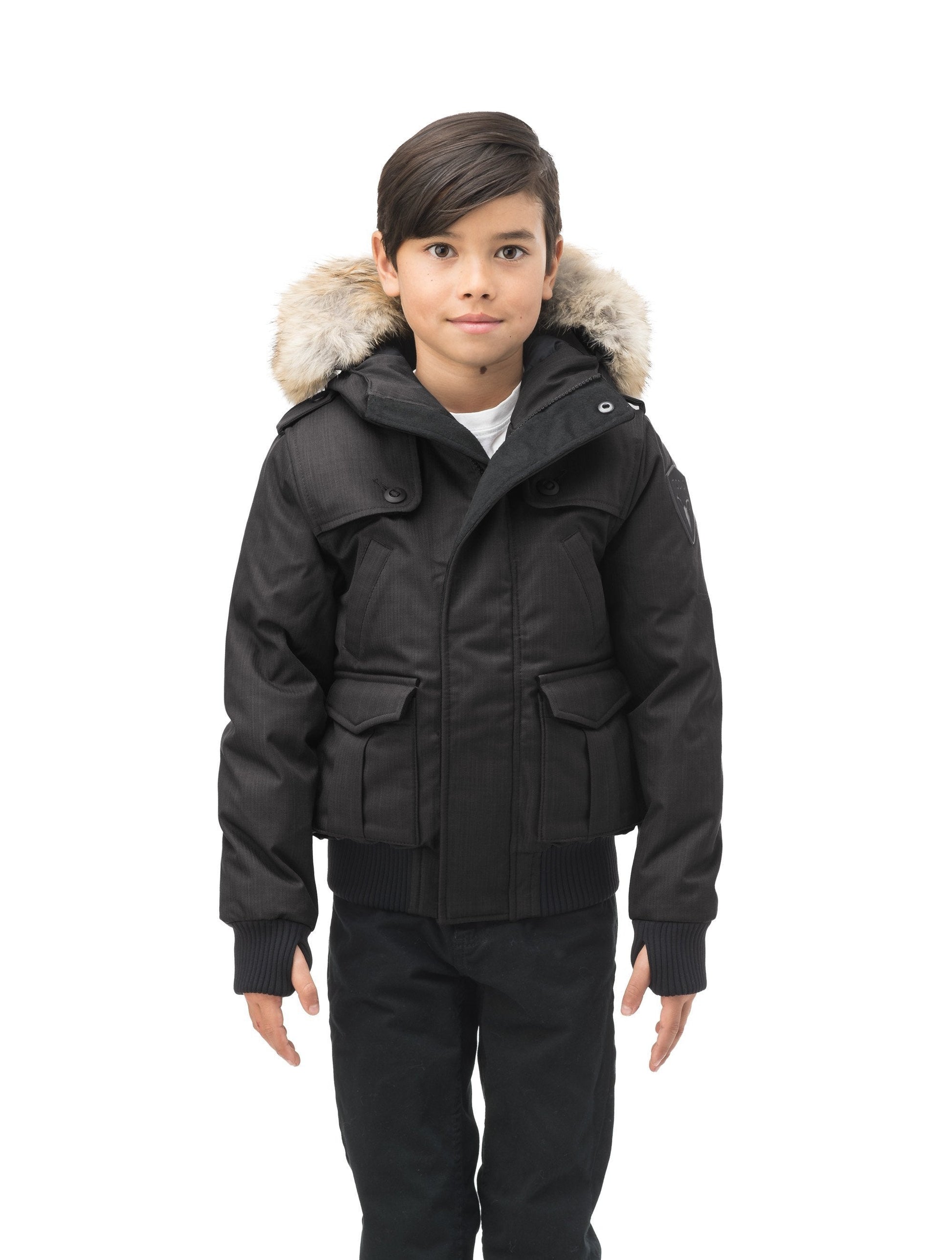Kid's waist length down bomber jacket with fur trim hood in CH Black