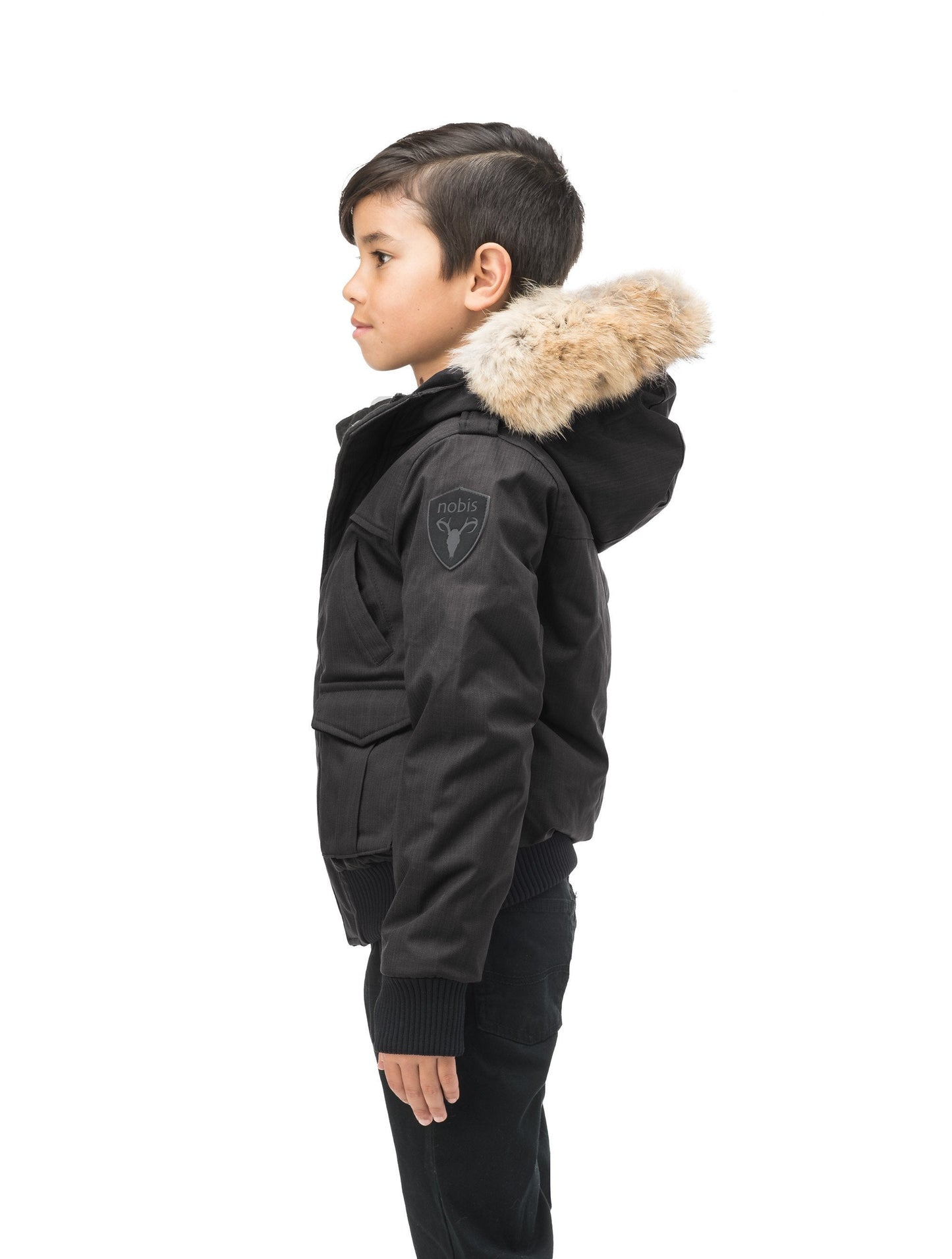 Kid's waist length down bomber jacket with fur trim hood in CH Black
