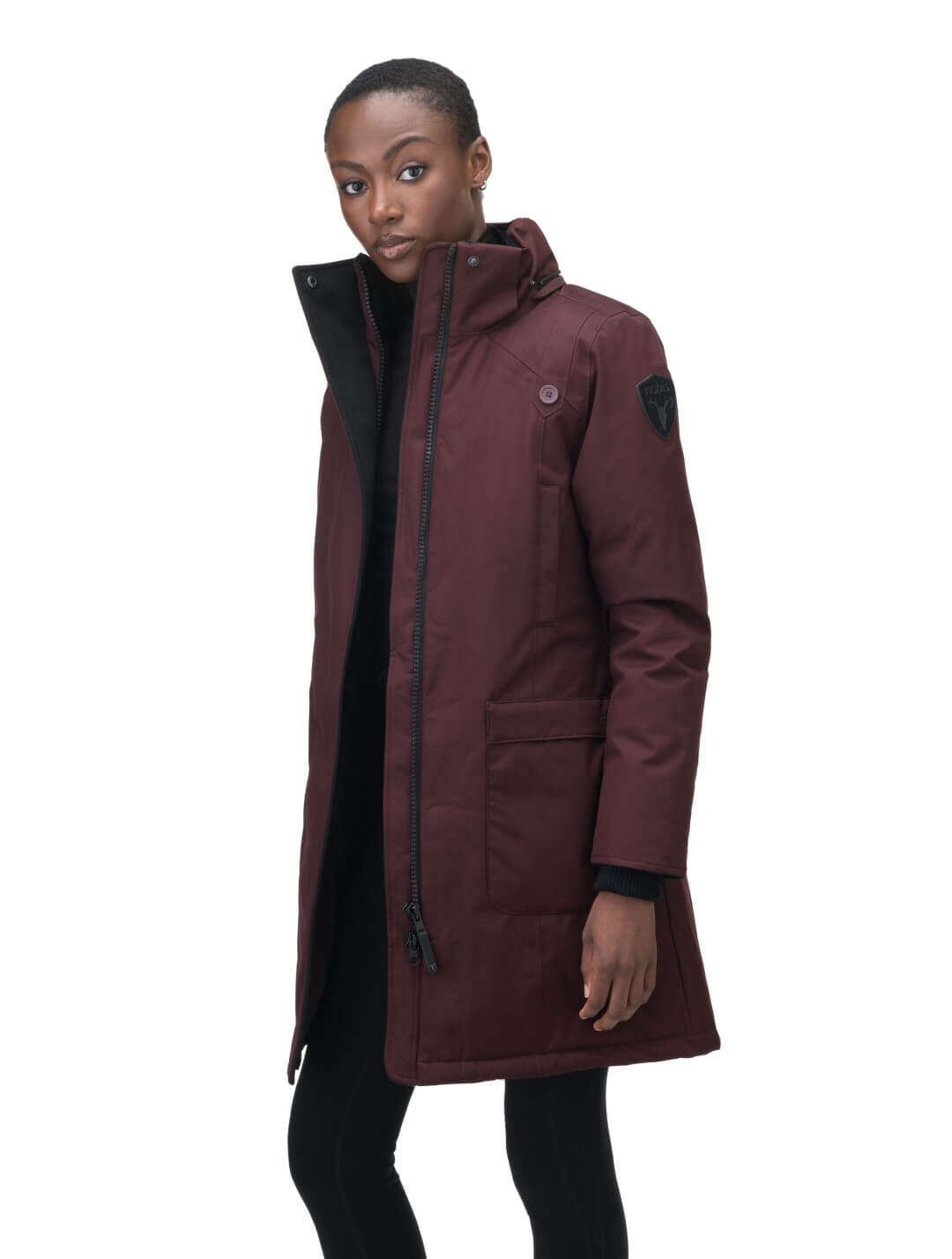 Best selling women's down filled knee length parka with removable down filled hood in Merlot