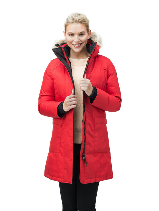 Best selling women's down filled knee length parka with removable down filled hood in Red + Red