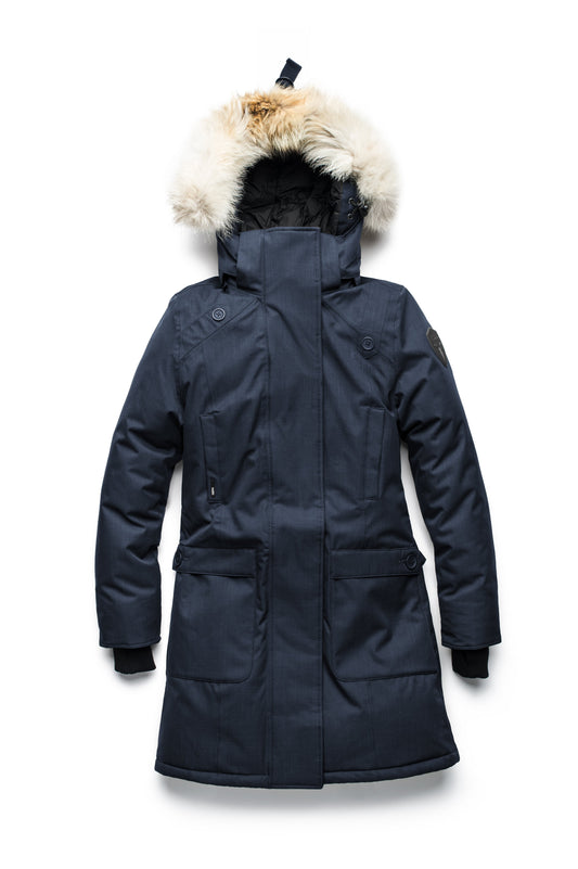 Best selling women's down filled knee length parka with removable down filled hood in Navy + Navy