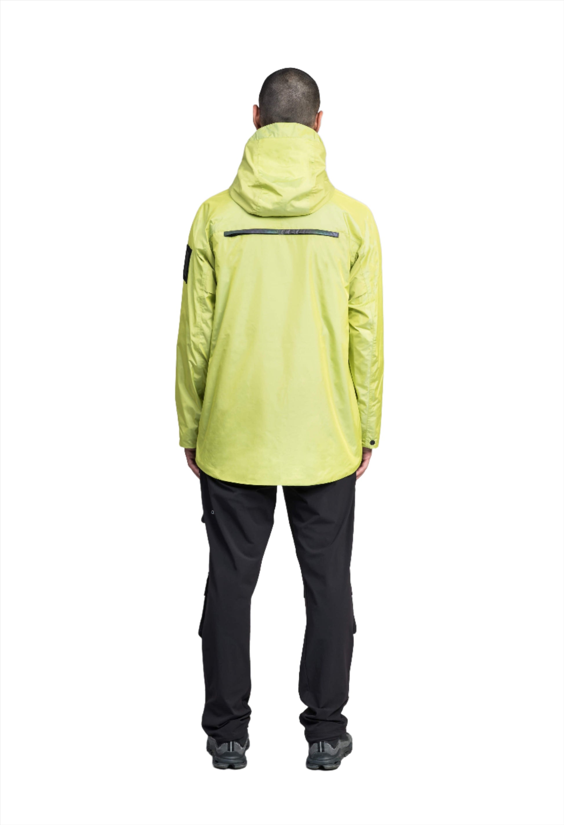 Mission Men's Performance Rain Shell Jacket in hip length, non-removable hood with adjustable toggle, two-way waterproof zipper, flap closure waist pockets with additional side entry storage, zipper ventilation on back, passive underarm ventilation, and breathable mesh lining, in Sulphur Spring