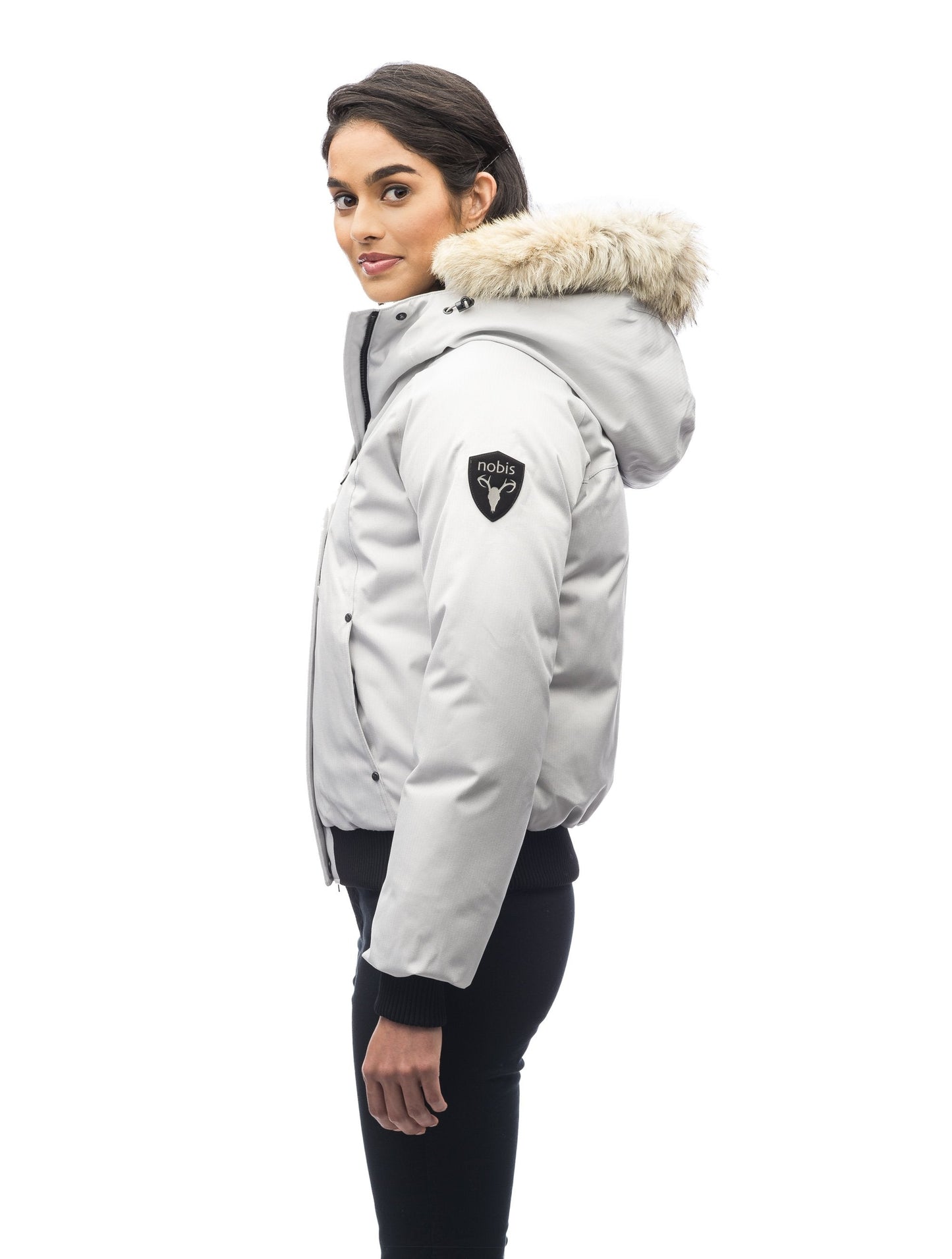 Women's down filled bomber jacket with fur trim hood in CH Black, Steel Grey, Red