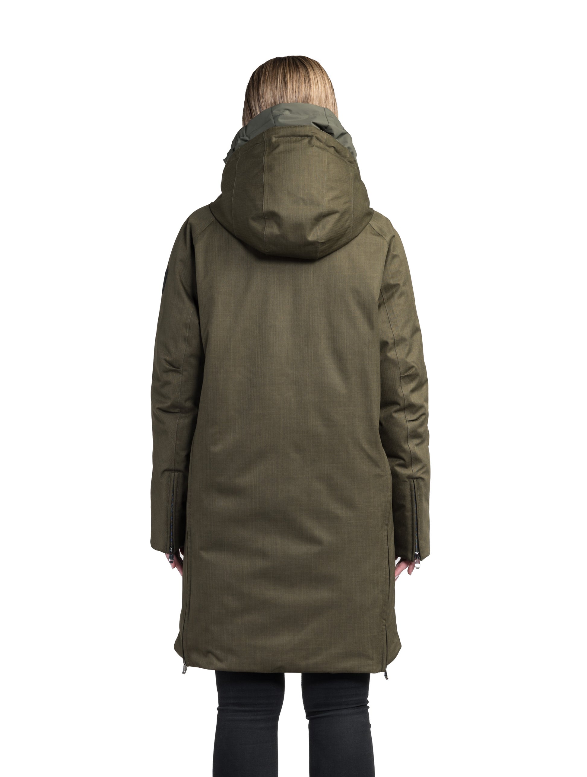 Dory Women's Tailored Back Zip Parka in knee length, premium Crosshatch fabrication, Premium Canadian White Duck Down insulation, non-removable down-filled hood, removable interior hood, centre front two-way zipper with wind flap, vertical zipper detailing along back, in Fatigue