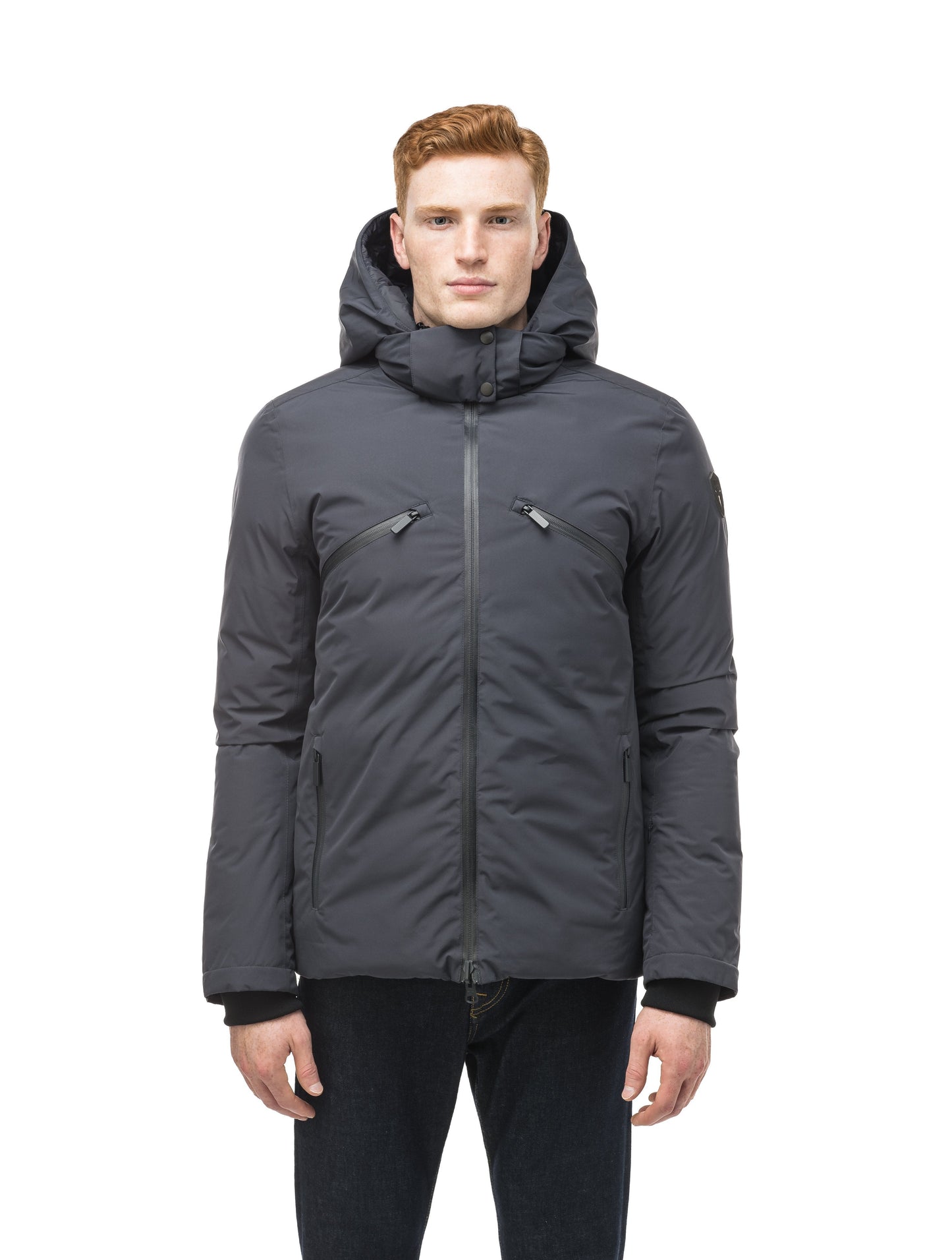 Hip length, reversible men's down filled jacket with removable hood in Marine