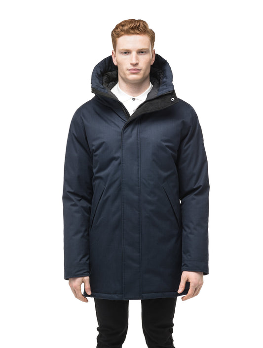 Pierre Men's Jacket in thigh length, Canadian white duck down insulation, non-removable down-filled hood, angled waist pockets, centre-front zipper with wind flap, and elastic ribbed cuffs, in CH Navy + CH Navy