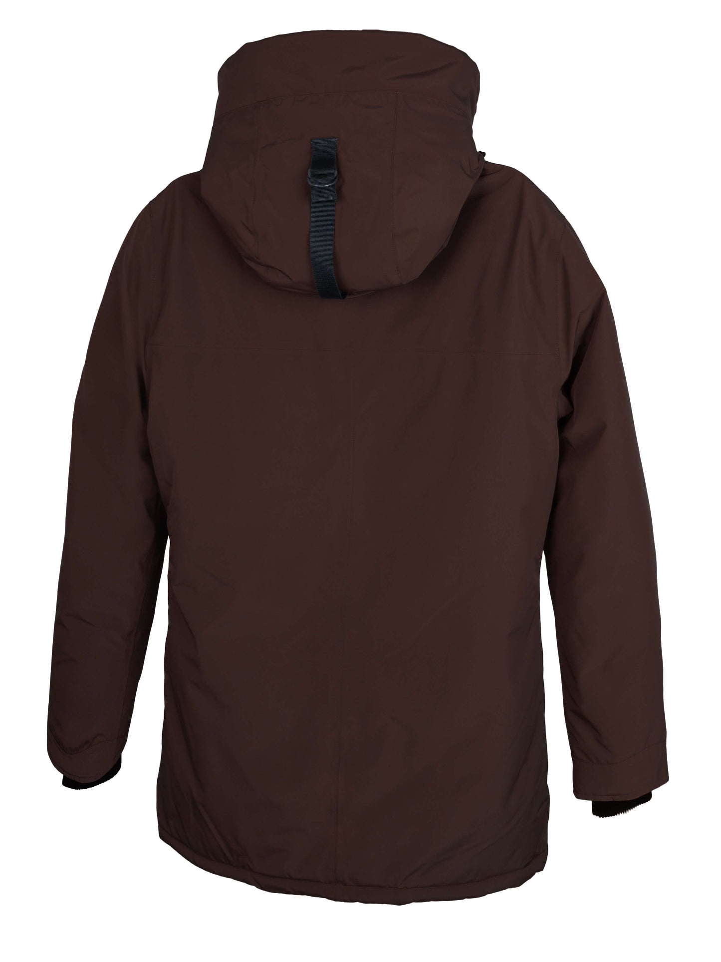 Pierre Men's Jacket in thigh length, Canadian white duck down insulation, non-removable down-filled hood, angled waist pockets, centre-front zipper with wind flap, and elastic ribbed cuffs, in 3L Coffee Bean