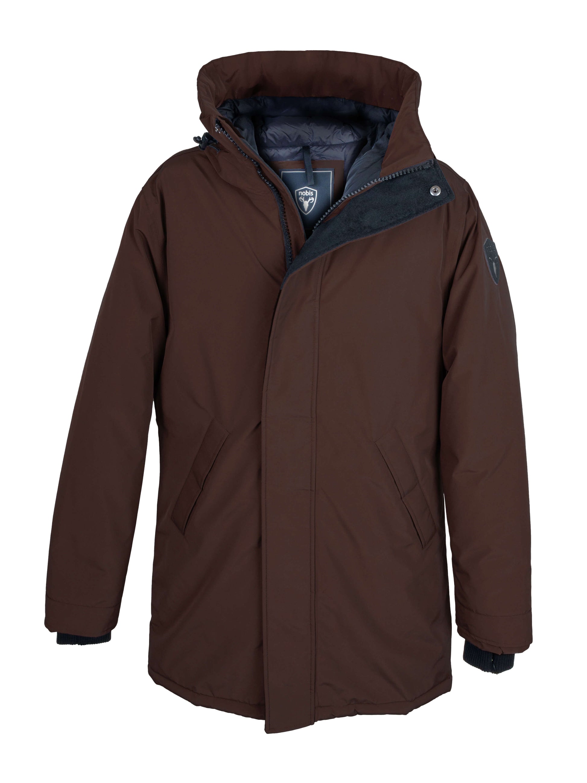 Pierre Men's Jacket in thigh length, Canadian white duck down insulation, non-removable down-filled hood, angled waist pockets, centre-front zipper with wind flap, and elastic ribbed cuffs, in 3L Coffee Bean