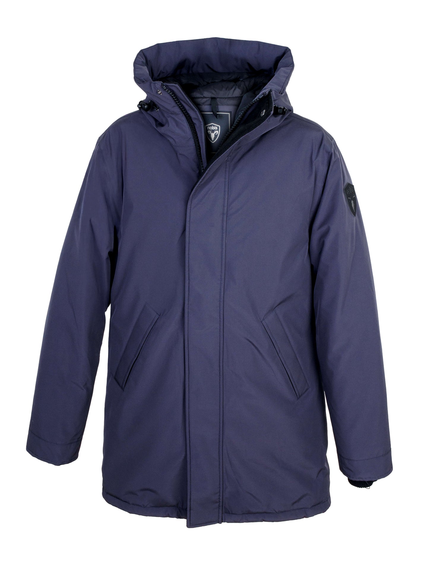 Pierre Men's Jacket in thigh length, Canadian white duck down insulation, non-removable down-filled hood, angled waist pockets, centre-front zipper with wind flap, and elastic ribbed cuffs, in 3L Navy