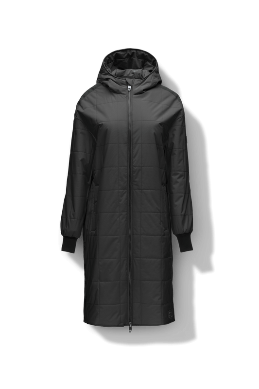 Radar Women's Performance Long Midlayer Jacket in long length, premium stretch ripstop and stretch Toray nylon fabrication, premium 4-way stretch, water resistant Primaloft Gold Insulation Active+, non-removable hood with adjustable draw cord, 2-way branded zipper at centre front, single welt pockets with magnetic closure at hips, elongated ribbed cuffs, grosgrain ribbon detail at shoulder and side seams, and snap closure side seam vent, in Black + Black