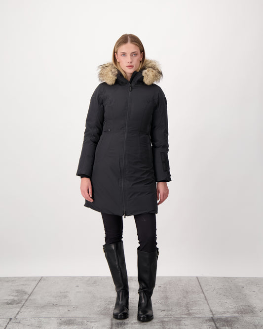 Ladies thigh length down-filled parka with non-removable hood and removable coyote fur trim in Black