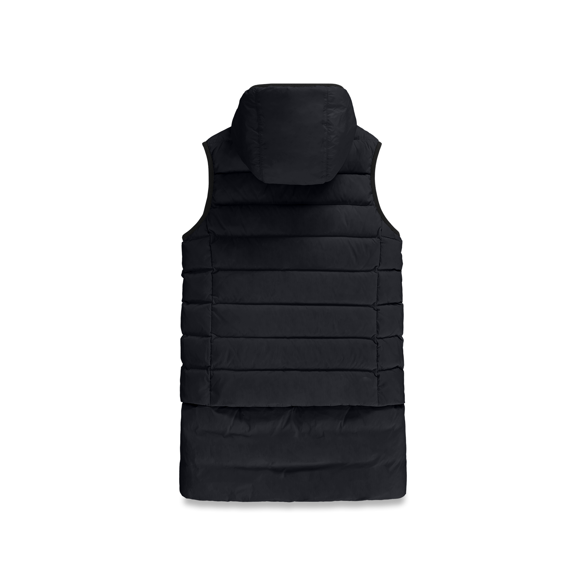 Saratoga puffer vest in Black insulated with Canadian white duck down, featuring stretch nylon ribbing for mobility, hidden waist drawcord, and a tailored fit for warmth and style. Lightweight and ideal for layering.