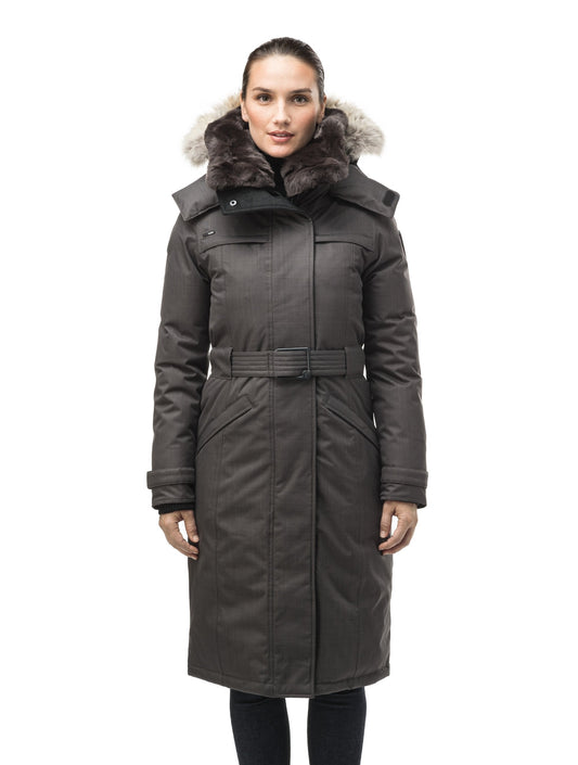 Women's knee length down filled parka with a belted waist and fully removable Coyote and Rex Rabbit fur ruffs in CH Steel Grey + CH Steel Grey