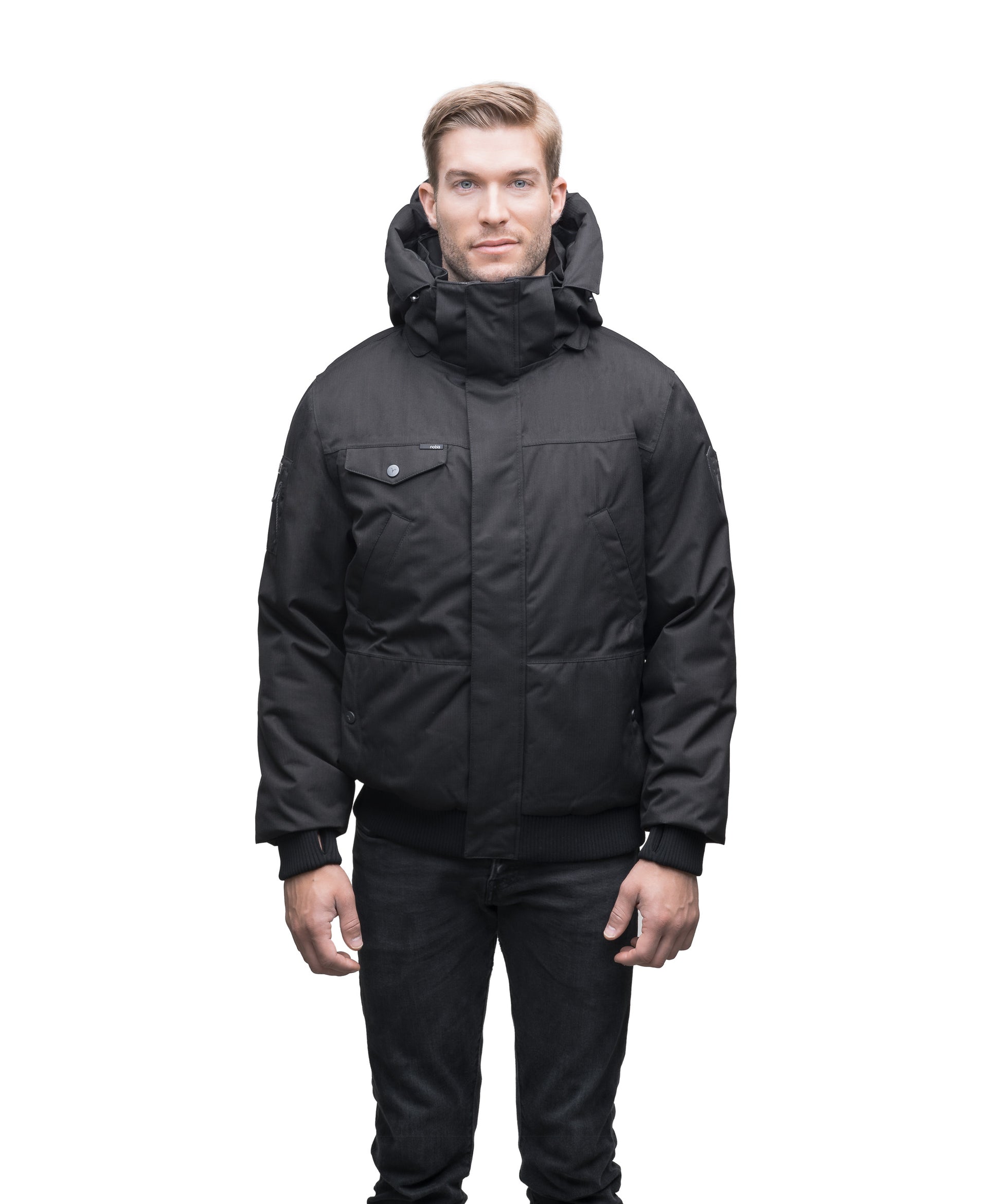 Men's sleek down filled bomber jacket with clean details and a fur free hood in CH Black