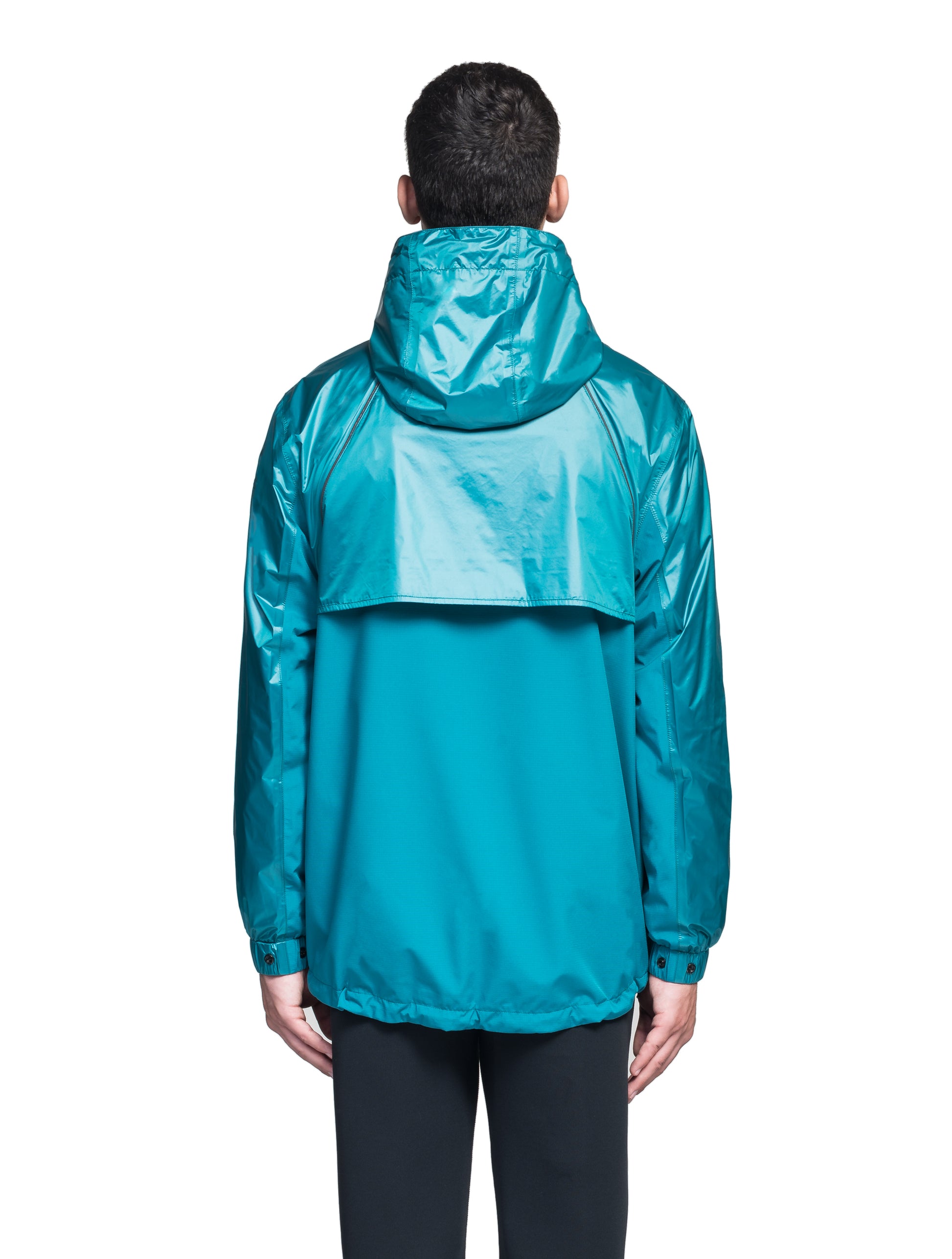 Stratus Men's Tailored Packable Rain Jacket in hip length, premium cire technical nylon taffeta and stretch ripstop fabrication, highly breathable mesh lining, hidden packable pocket, non-removable hood with adjustable draw cord, reflective piping along front and back, underarm grommets for extra breathability, back yoke with mesh ventilation, two waist zipper pockets, two interior zipper pockets, elastic cuffs with adjustable snap button, and adjustable interior draw cord at waist hem, in Deep Lake