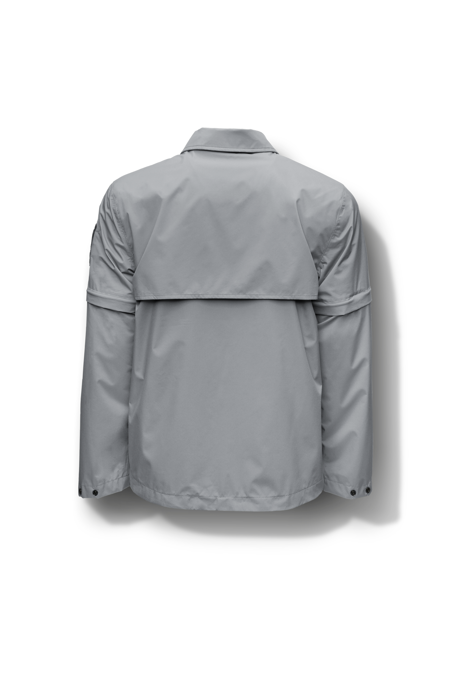 Thurlow Men's Performance Zip Off Sleeve Rain Shirt in hip length, convertible collar, patch chest zipper pockets, hidden in-seam pockets, zip off sleeves, centre front two-way zipper closure, in Concrete