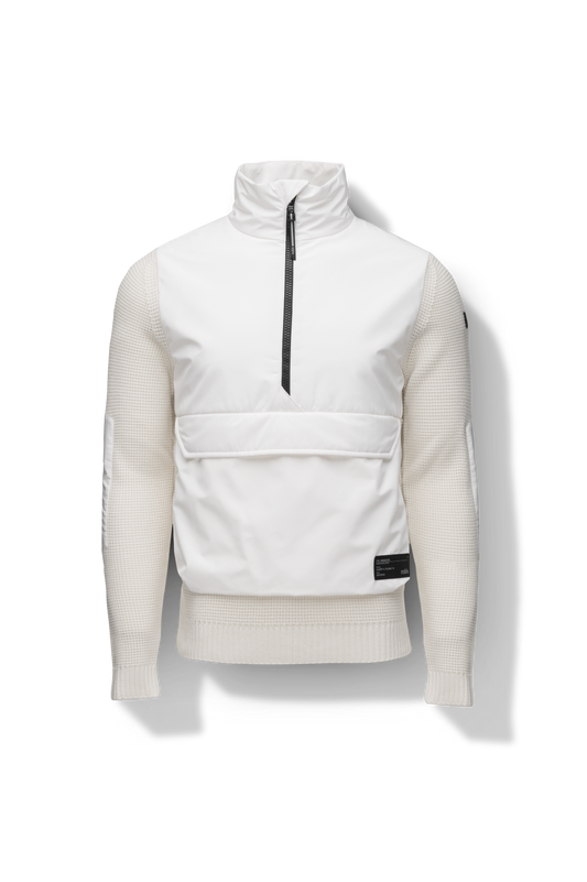 Wai Men's Performance Half Zip Sweater in hip length, 3-Ply Micro Denier and Merino wool knit fabrication, Primaloft Gold Insulation Active+, centre front zipper, flap kangaroo pocket with magnetic closure, and hidden side-entry zipper pockets at waist, in Chalk