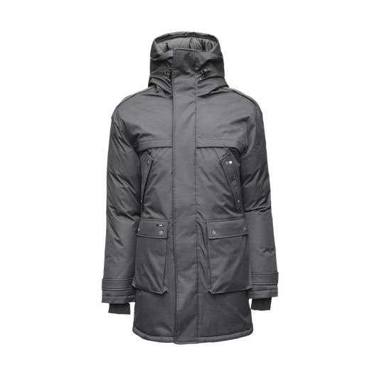 Men's Best Selling Parka the Yatesy is a down filled jacket with a zipper closure and magnetic placket in Steel Grey + Steel Grey