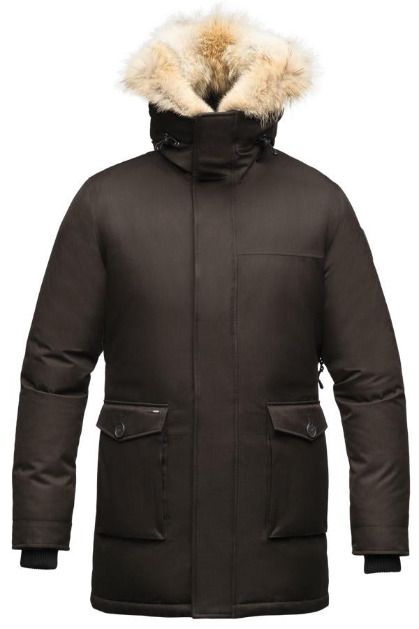 Men's slim fitting waist length parka with removable fur trim on the hood and two waist patch pockets in CH Brown