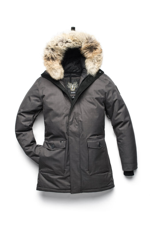Men's slim fitting waist length parka with removable fur trim on the hood and two waist patch pockets in Steel Grey